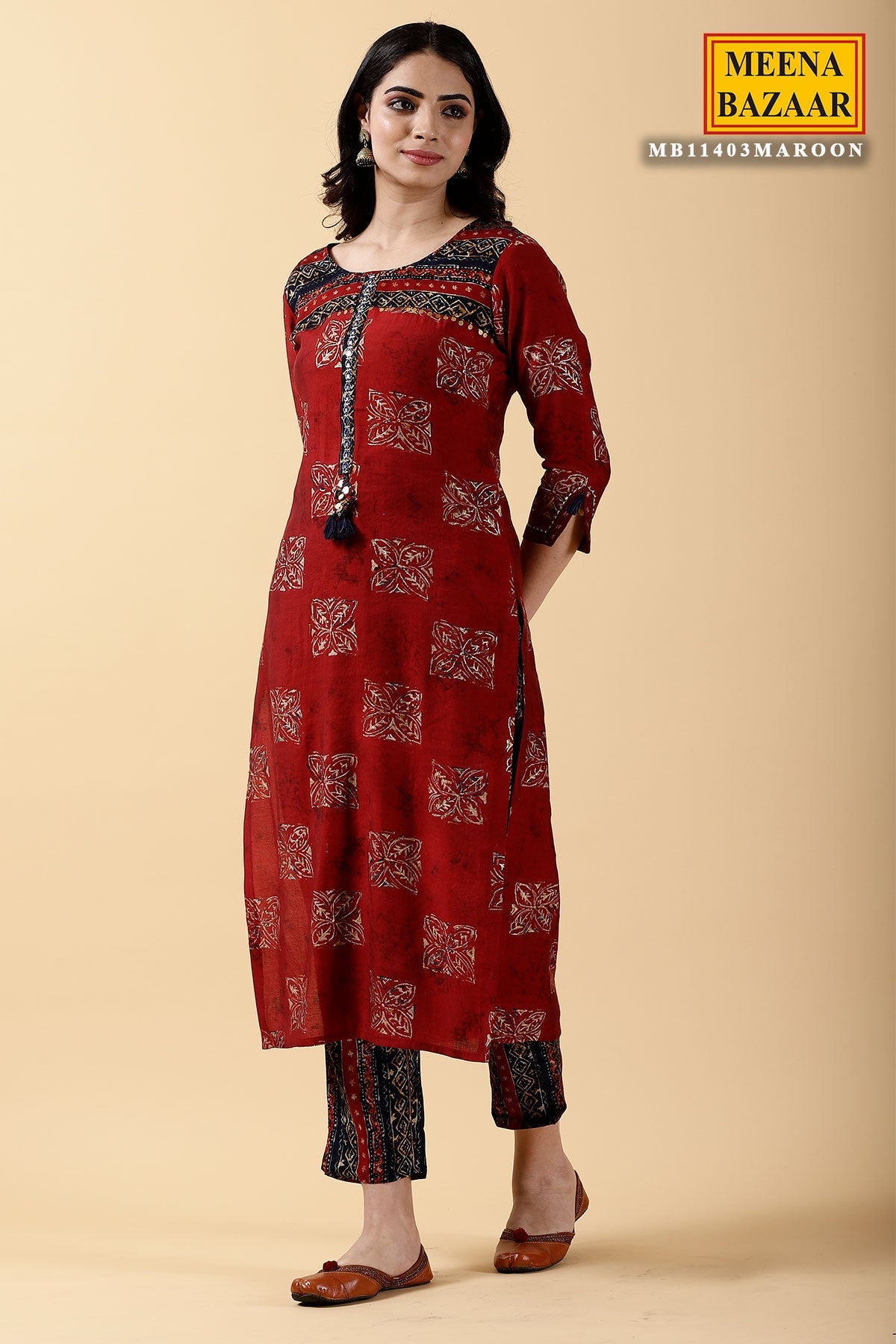 Maroon color roman silk embroidered causal wear kurti pant - Monjolika -  4216644